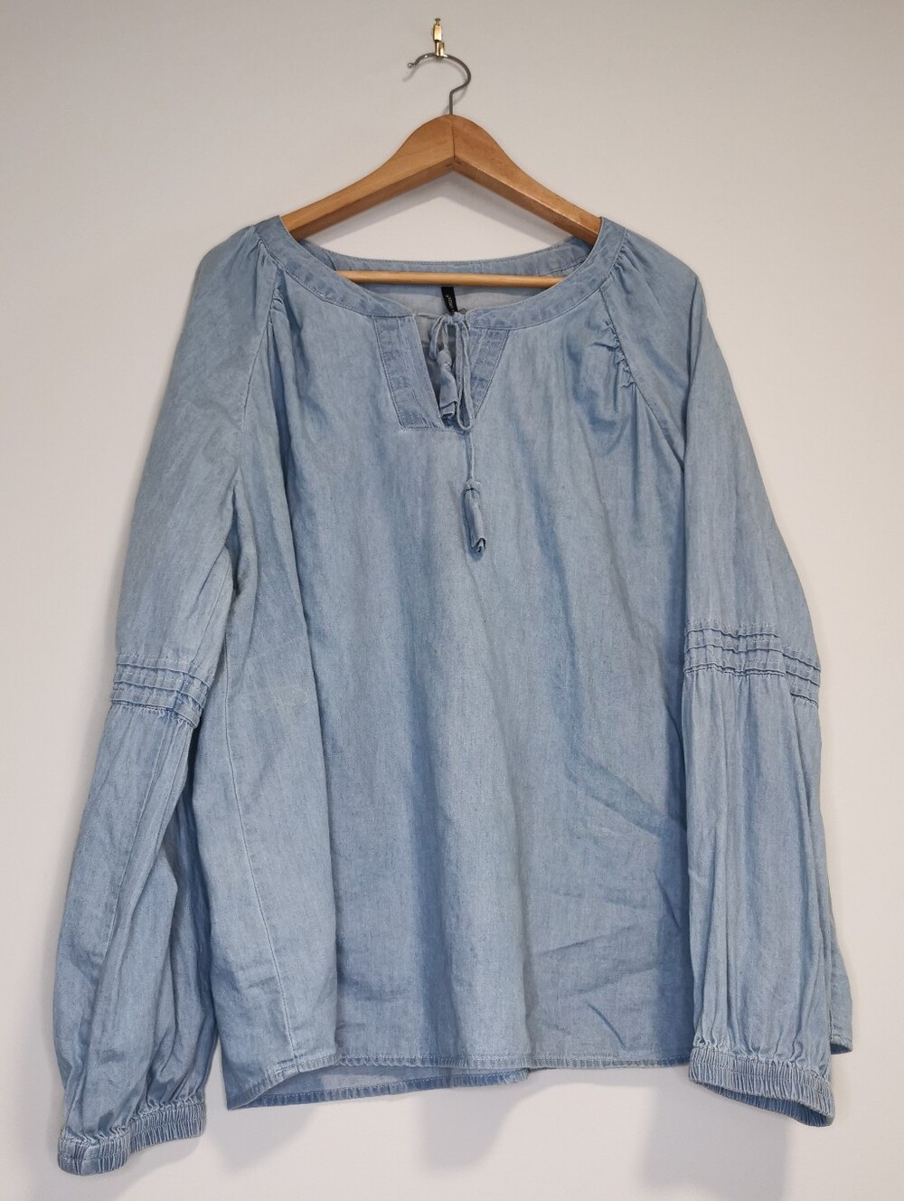 XXL - Light Blue Peasant Blouse with Tie Neck